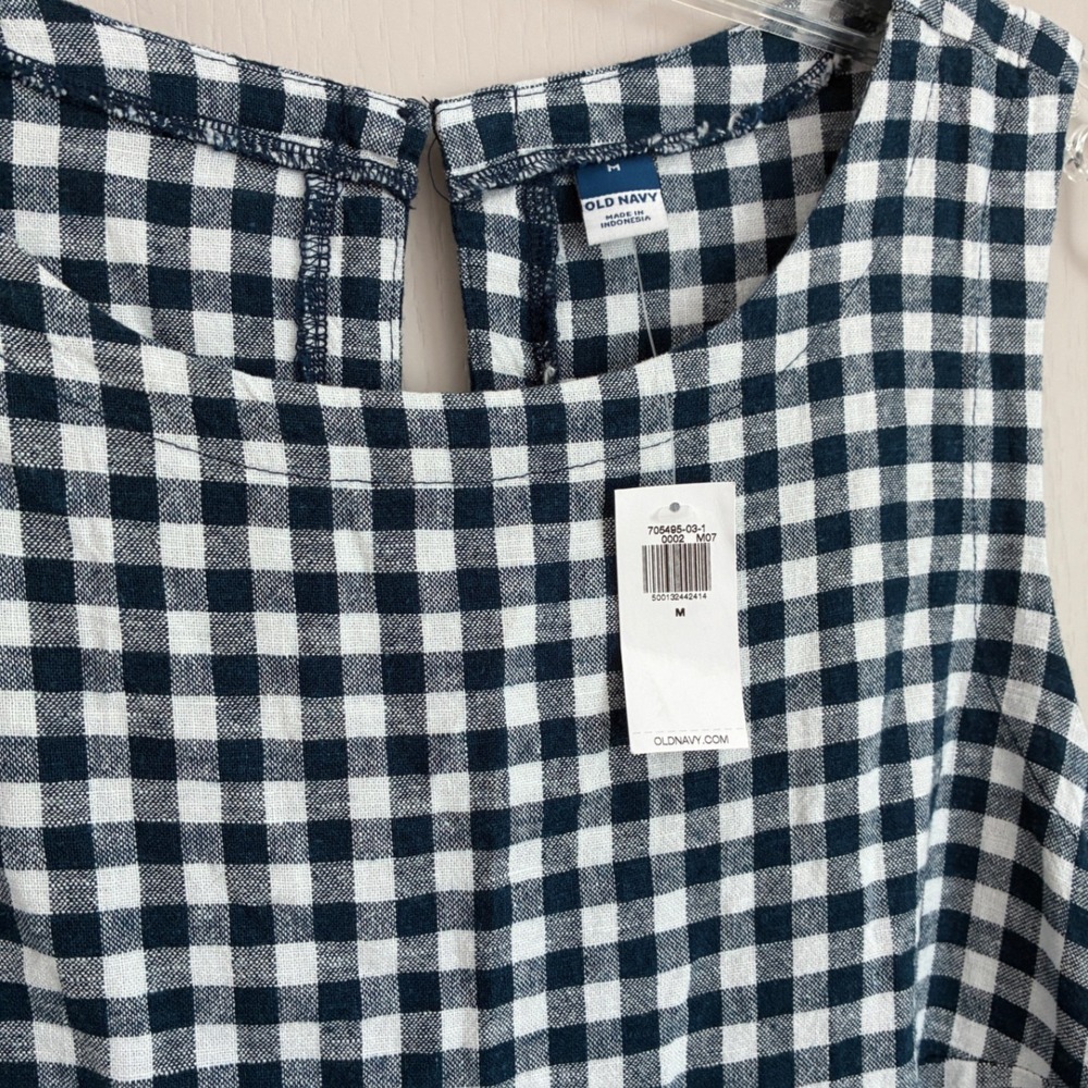 Old Navy Womens Navy Blue Gingham Linen Blend Sleeveless Mini Shift Dress M NWT - Picture 4 of 11